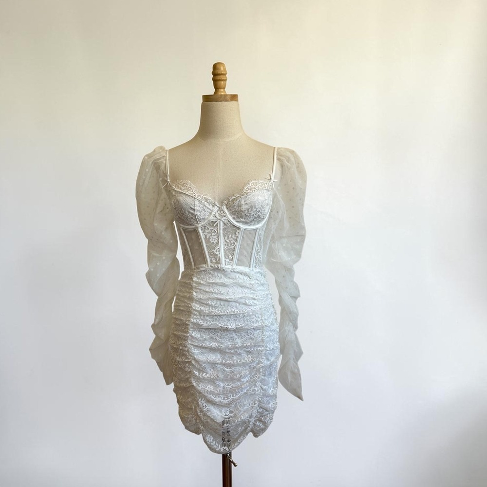 For Love & Lemon White Lace Corset Mini Dress Sheer XS Romantic Bridal Coquette‎